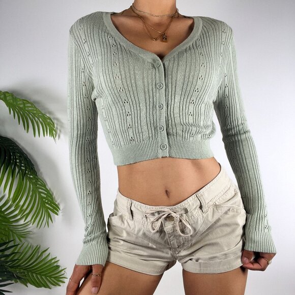 Love Tree Sage Green Cottagecore Coastal Knit Cropped Cardigan Sweater / Large - Picture 4 of 7